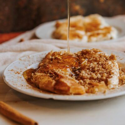 Bougatsa with Cretan myzithra and honey and walnuts