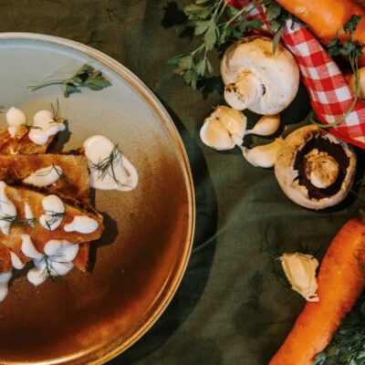 Bougatsa mousaka with eggplant, mushrooms and carrot